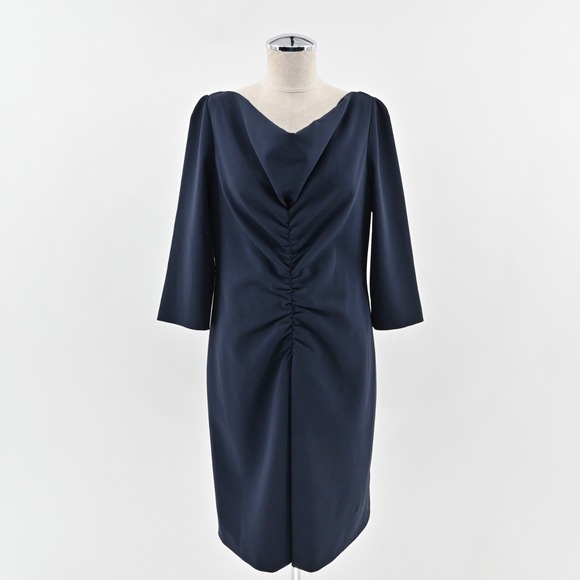 MOSCHINO Ruched Sheath Dress Size 12 Navy Boat Neck 3/4 Sleeve CHEAP AND CHIC - Picture 1 of 14